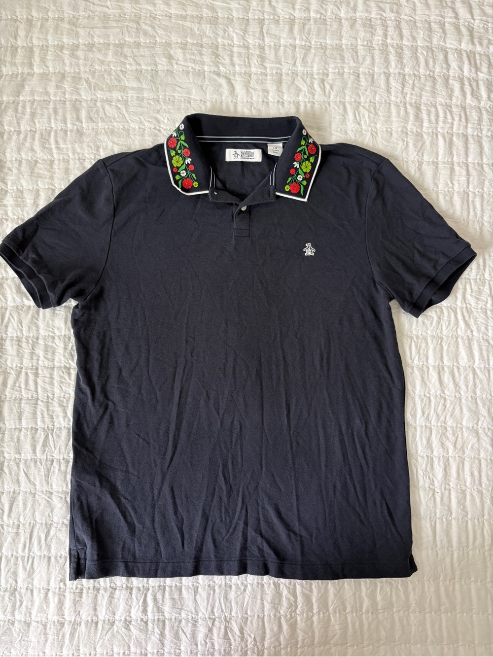 Navy Polo with printed Floral Collar by Original Penguin